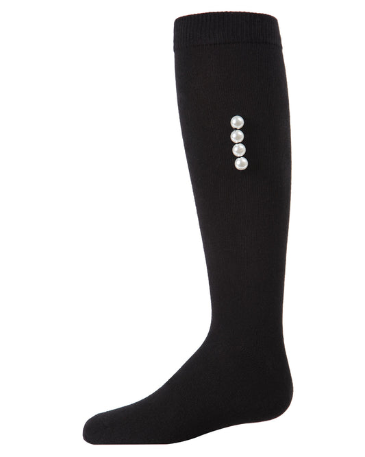 Girls' Side Pearls Cotton Blend Knee High Socks : Color: Black