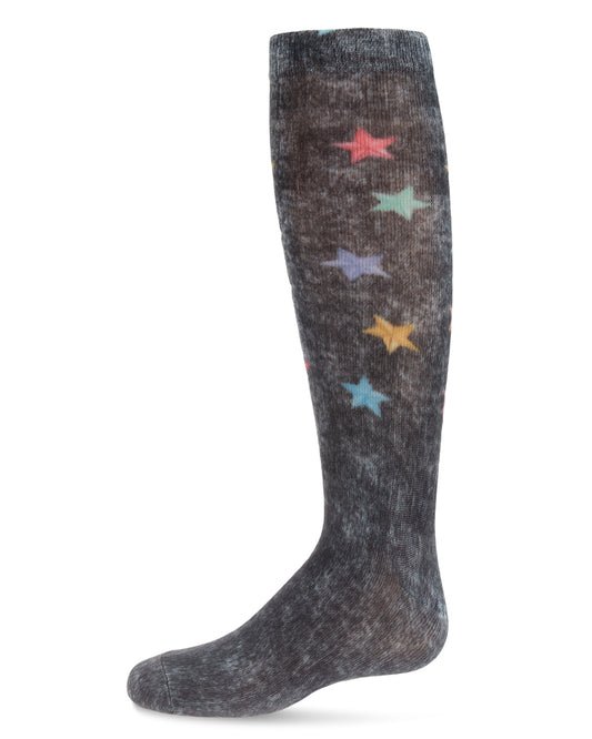 Distressed Wash Denim Stars Girls Knee High Sock : Color: Black