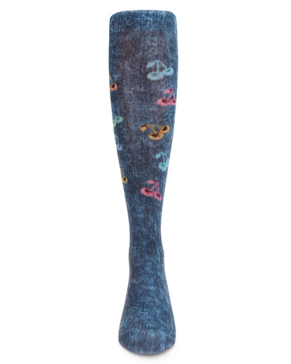Distressed Wash Denim Cherries Girls Knee High Sock : Color: Blue