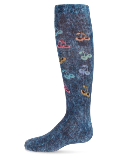 Distressed Wash Denim Cherries Girls Knee High Sock : Color: Blue
