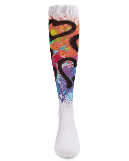 Graffiti Heart Girls Cotton Blend Knee High Socks : Color: White