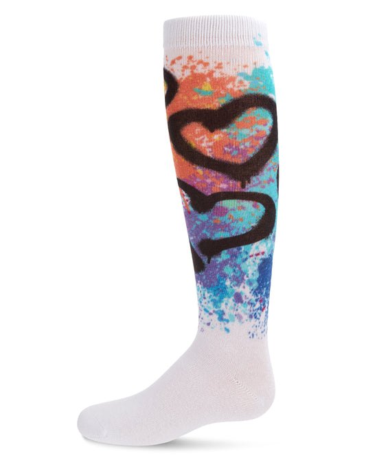 Graffiti Heart Girls Cotton Blend Knee High Socks : Color: White