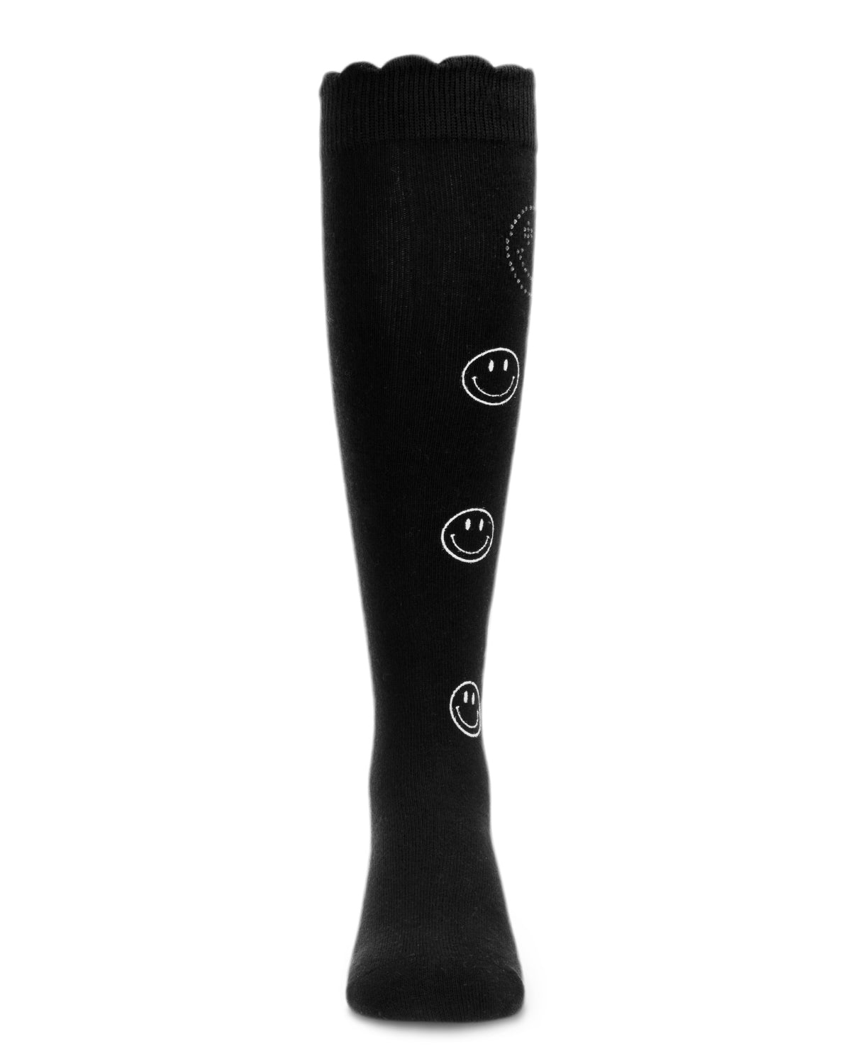 Jeweled Smiley Face Cotton Blend Knee High Socks : Color: Black