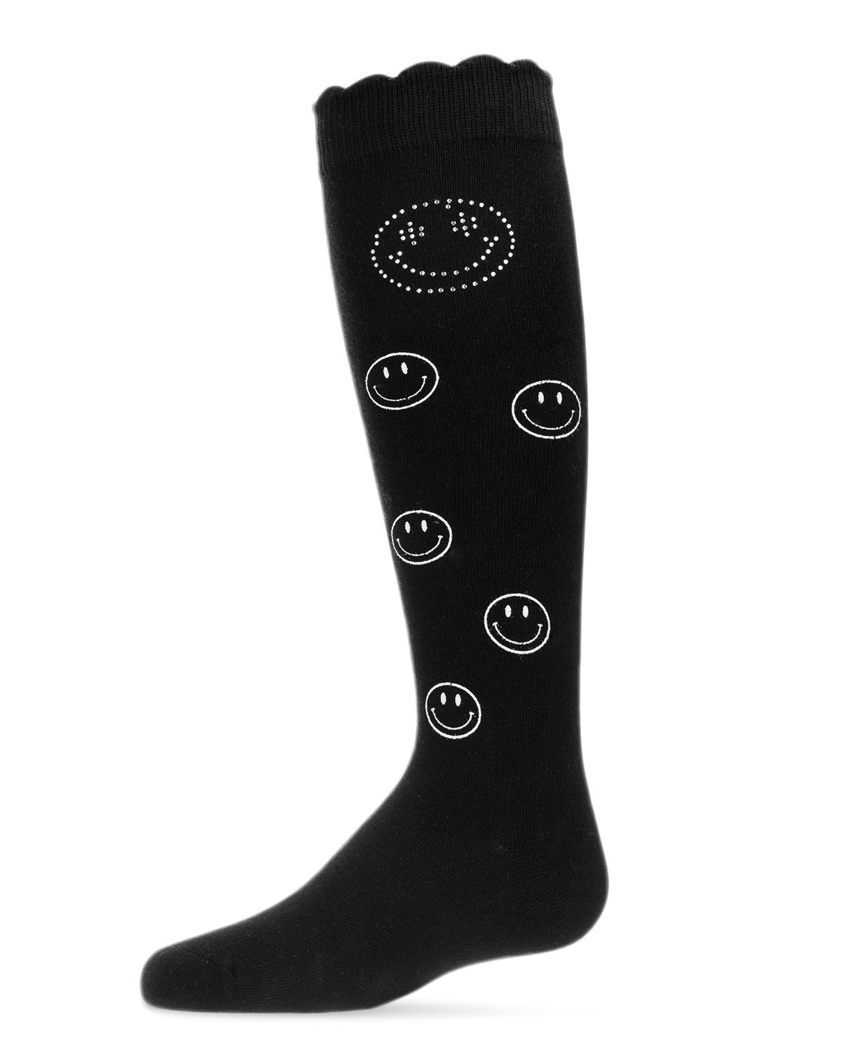 Jeweled Smiley Face Cotton Blend Knee High Socks : Color: Black