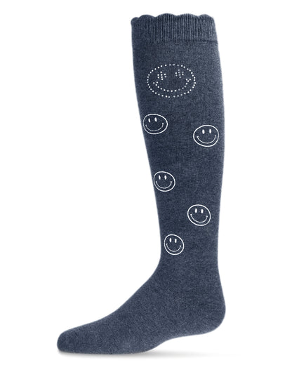 Jeweled Smiley Face Cotton Blend Knee High Socks : Color: Medium Denim