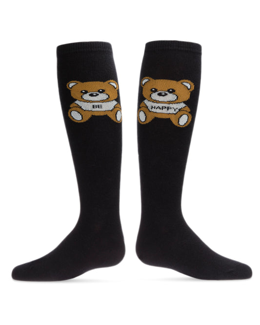 Girls' Be Happy Bear Knee High Socks : Color: Black