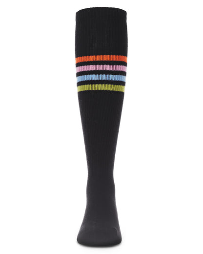 Thin Ribbed Athletic Stripe Cotton Blend Knee High Socks : Color: Black