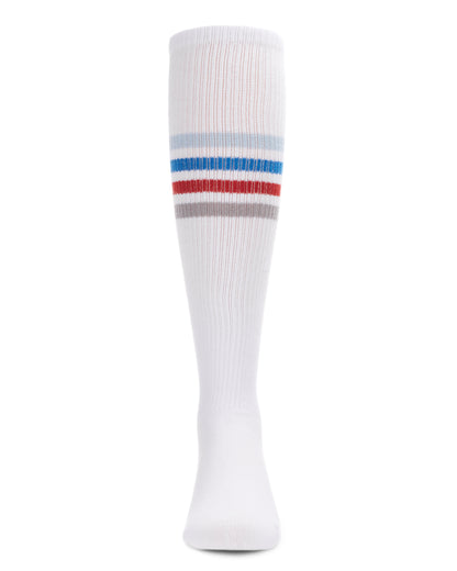 Thin Ribbed Athletic Stripe Cotton Blend Knee High Socks : Color: White-Gray-Black