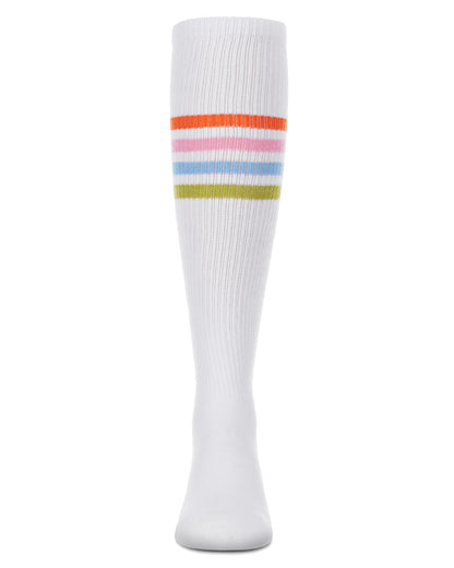 Thin Ribbed Athletic Stripe Cotton Blend Knee High Socks : Color: White