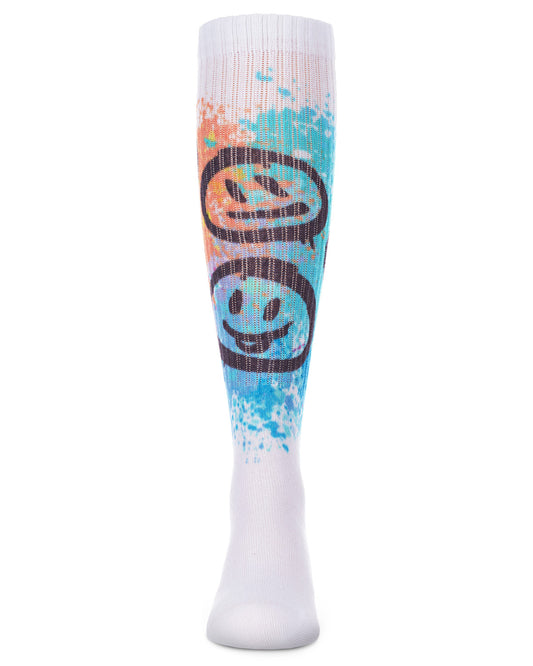 Graffiti Smiley Cotton Blend Knee High Socks : Color: White