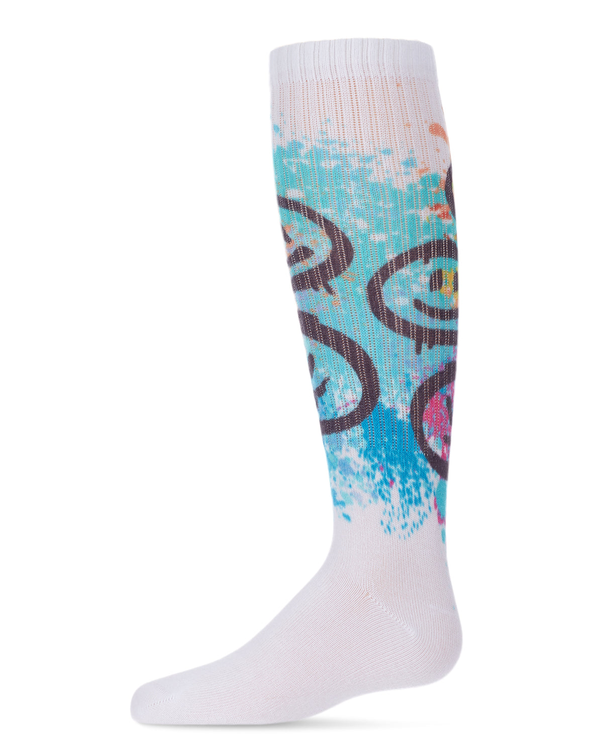 Graffiti Smiley Cotton Blend Knee High Socks : Color: White