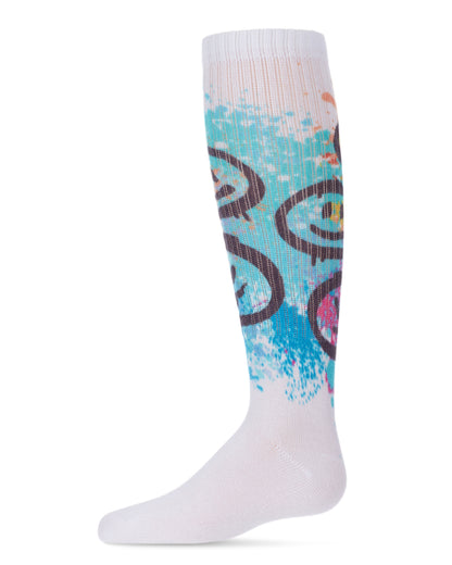Graffiti Smiley Cotton Blend Knee High Socks : Color: White