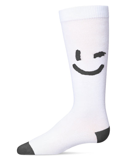 Girls' Air Brush Winking Smiley Cotton Blend Knee High Sock : Color: White