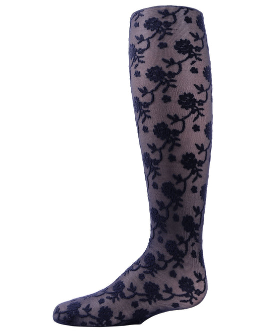 Girls' Floral Embroidery Roselle Sheer Tights : Color: Black