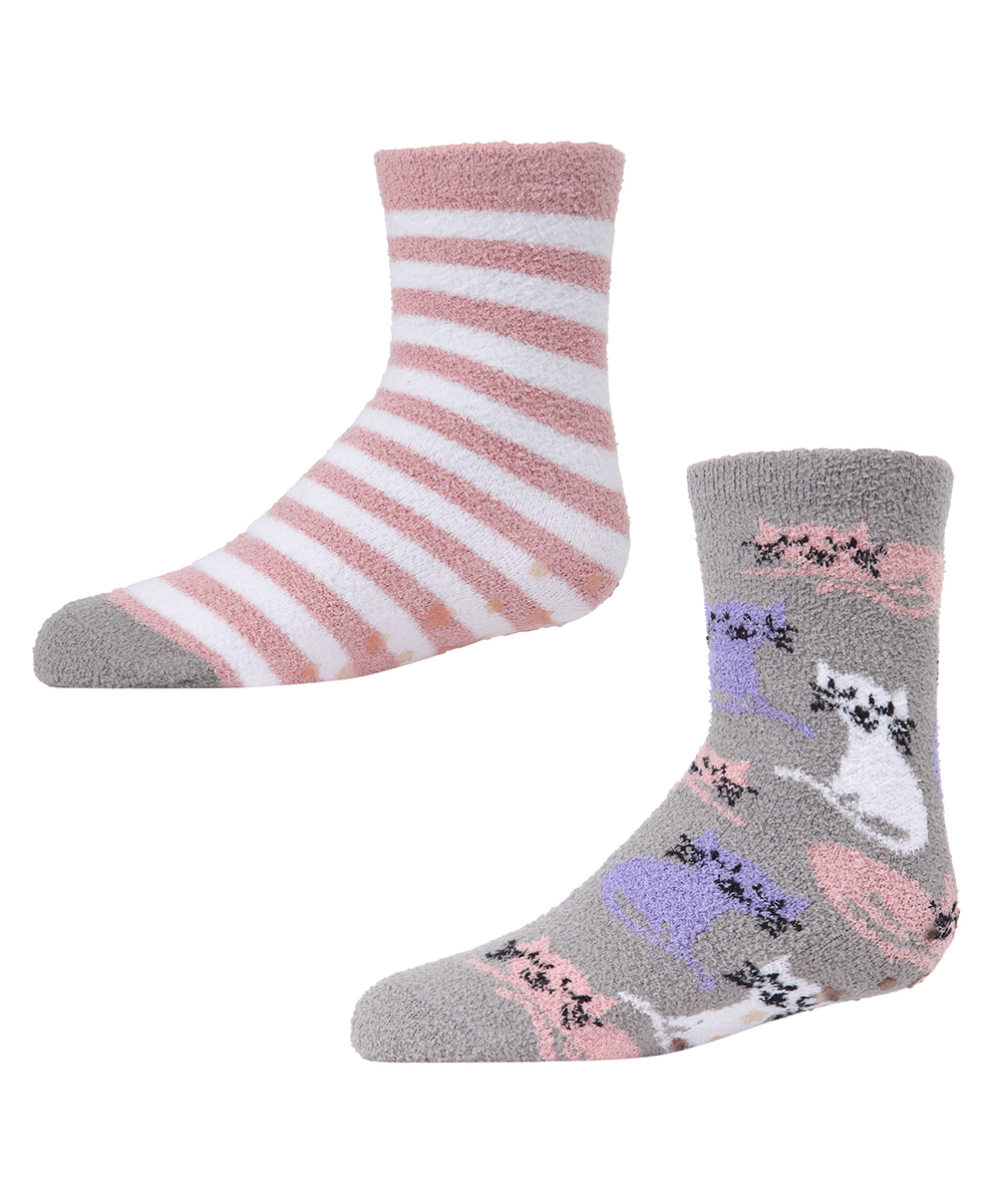 Girl's Kitty Cats Fuzzy Mid-Cut Socks 2-Pack : Color: Gray