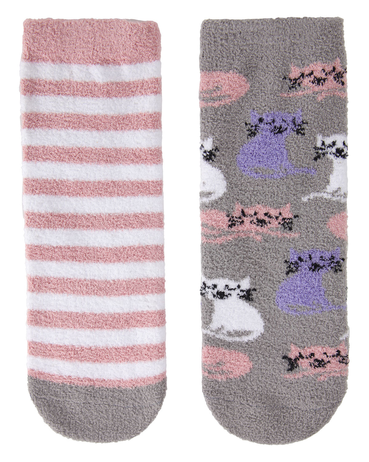 Girl's Kitty Cats Fuzzy Mid-Cut Socks 2-Pack : Color: Gray