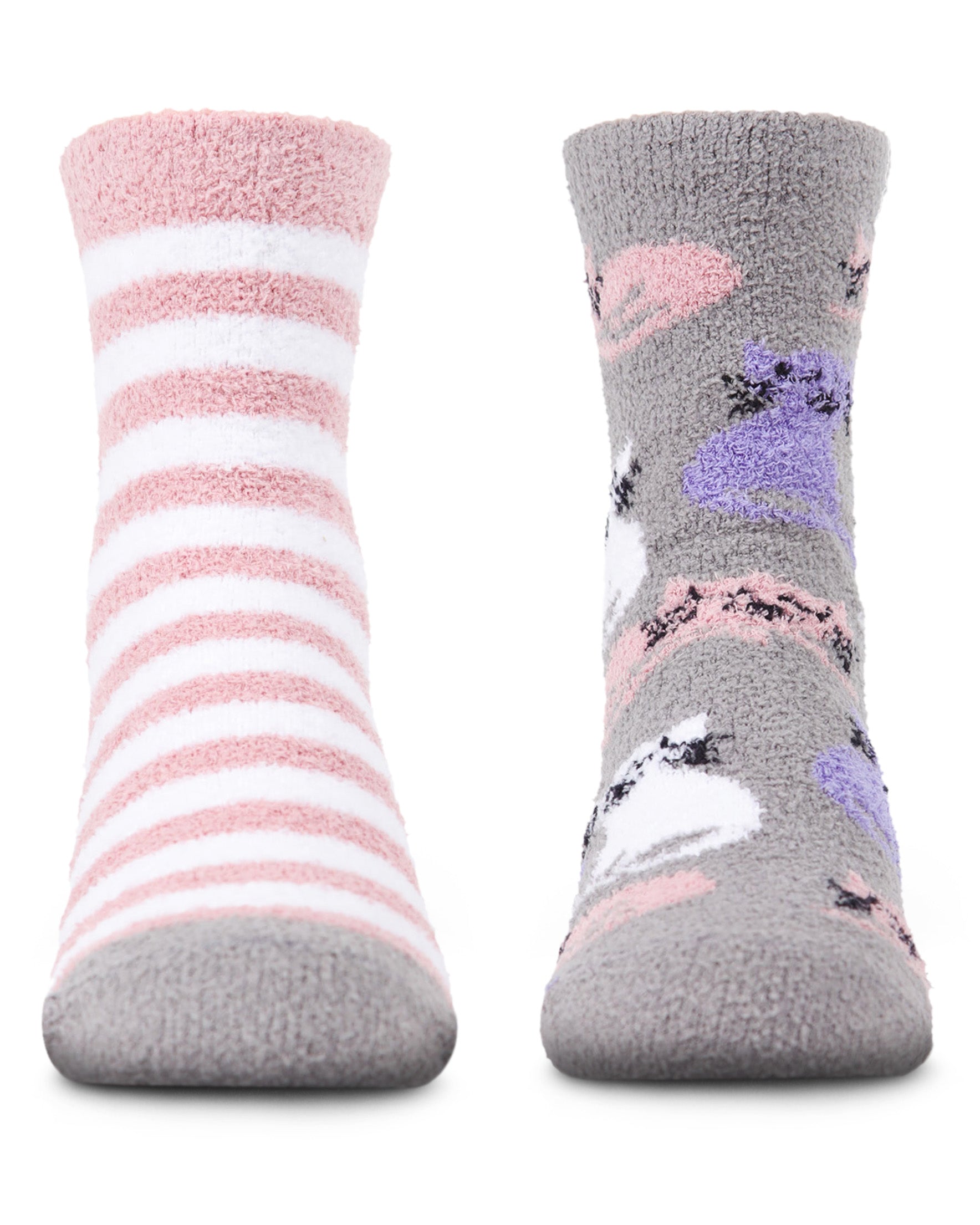 Girl's Kitty Cats Fuzzy Mid-Cut Socks 2-Pack : Color: Gray