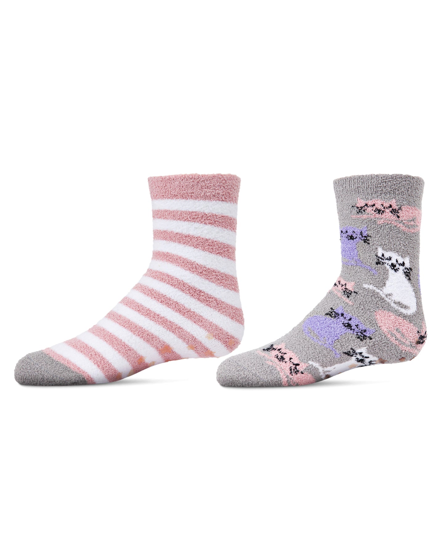 Girl's Kitty Cats Fuzzy Mid-Cut Socks 2-Pack : Color: Gray