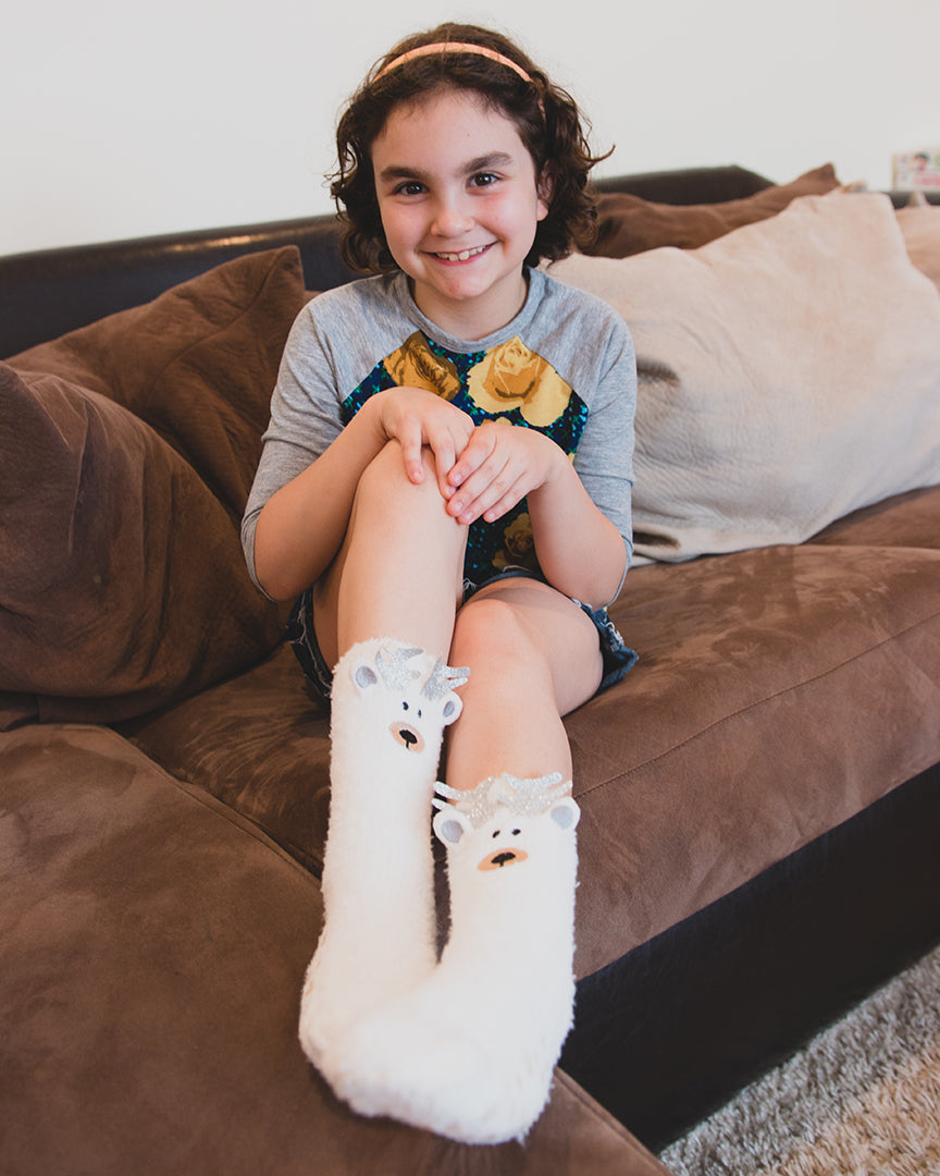 Polar Bear Girls Fuzzy Mid-Cut Socks : Color: White