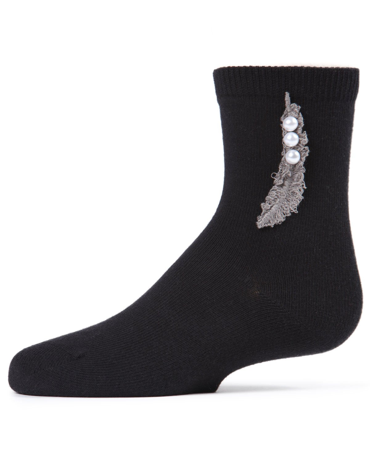 Feathery Combed Cotton Faux Pearl Girls Crew Socks : Color: Black