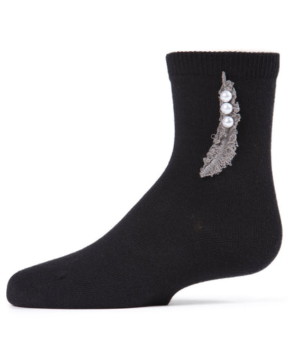 Feathery Combed Cotton Faux Pearl Girls Crew Socks : Color: Black