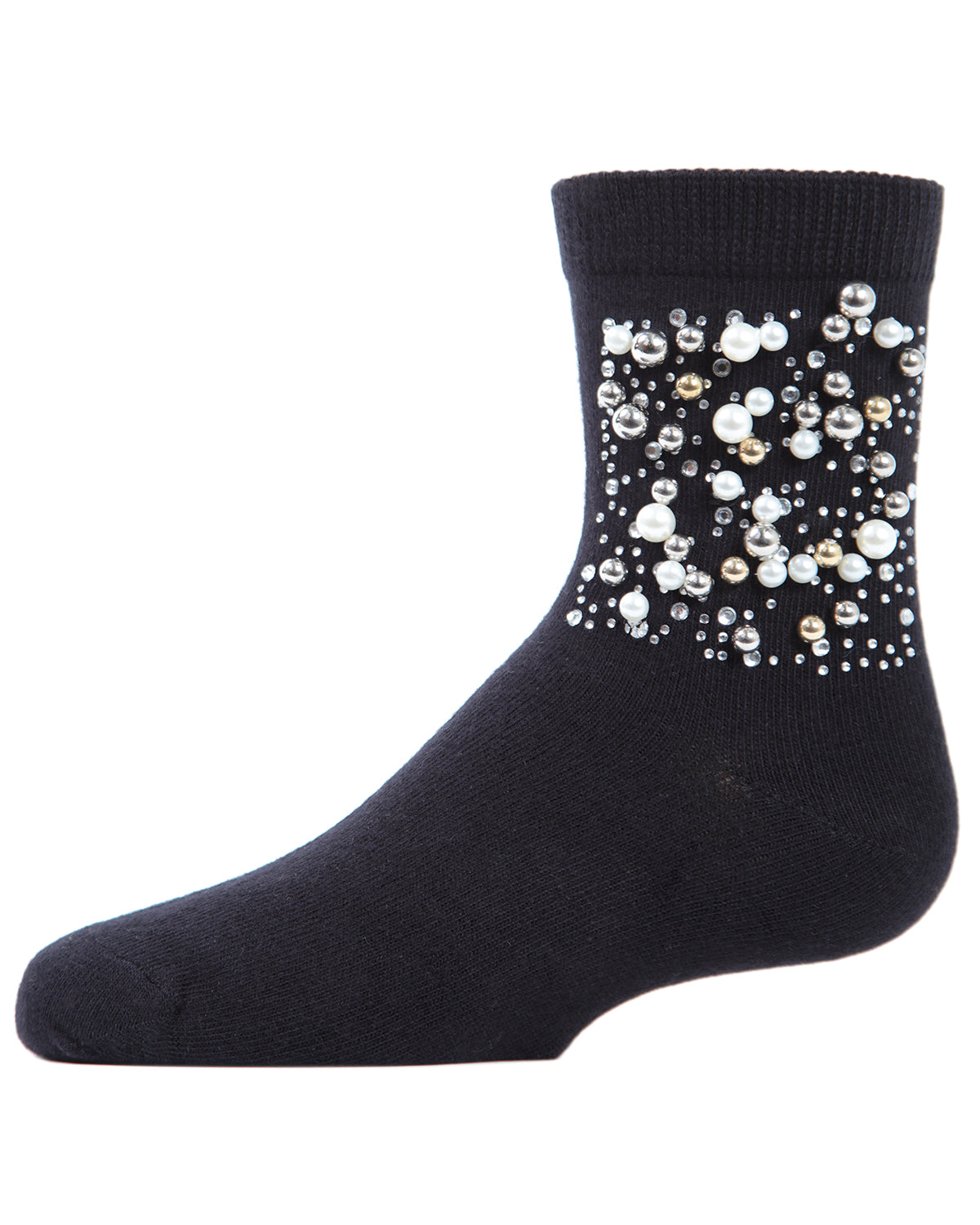 Starry Night Jeweled Girls Combed Cotton Crew Socks : Color: Black