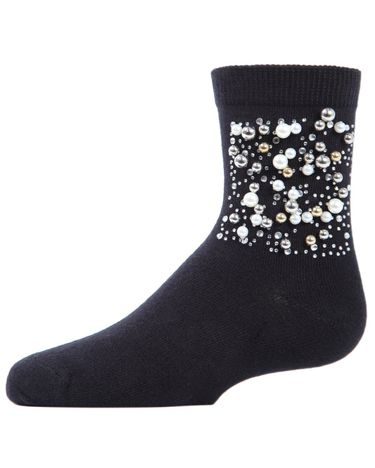 Starry Night Jeweled Girls Combed Cotton Crew Socks : Color: Black