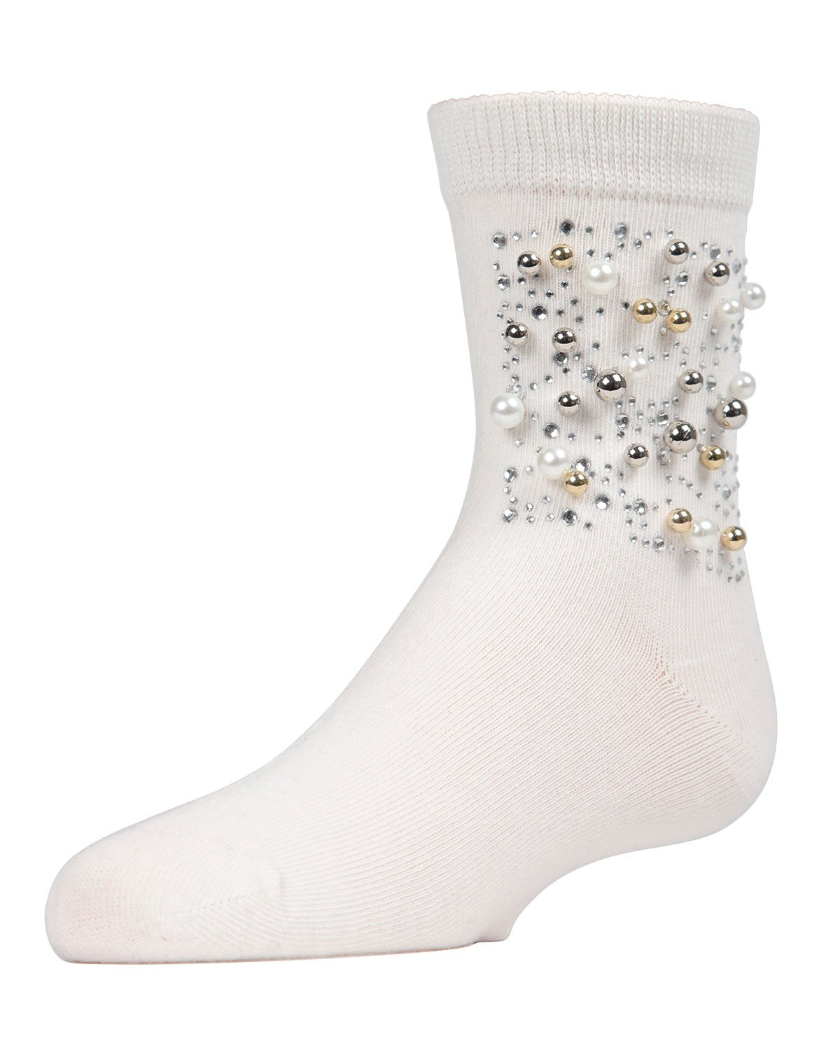 Starry Night Jeweled Girls Combed Cotton Crew Socks : Color: Winter White