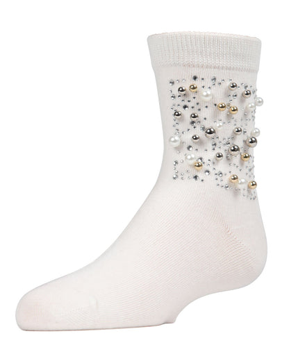 Starry Night Jeweled Girls Combed Cotton Crew Socks : Color: Winter White