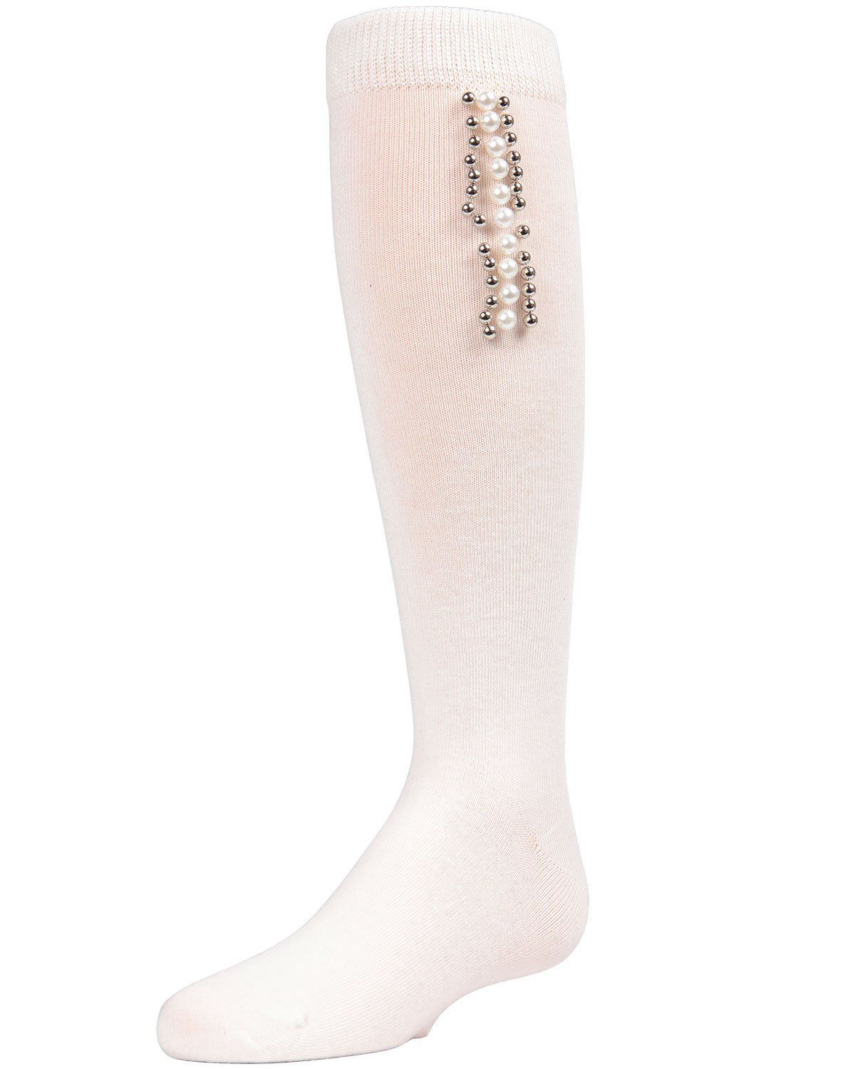 Pearls and Stripes Jeweled Girls Knee High Socks : Color: Winter White