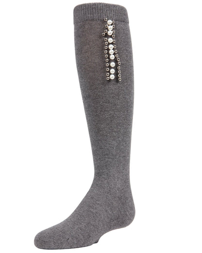 Pearls and Stripes Jeweled Girls Knee High Socks : Color: Medium Gray