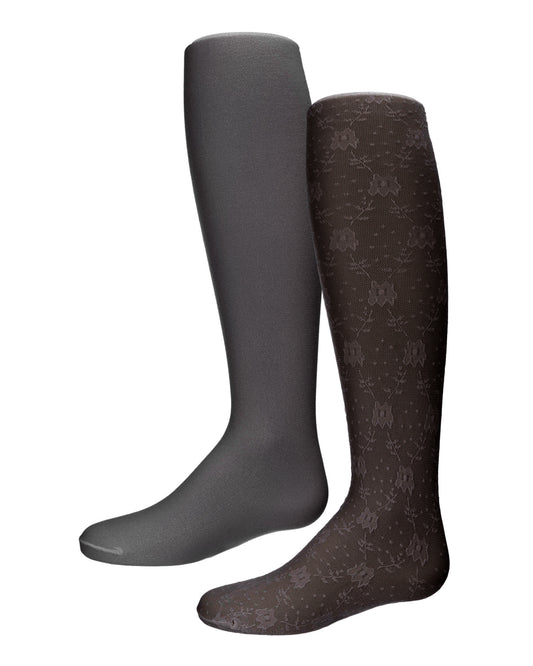 Floral & Lace Girl’s Tights 2-Pack : Color: Black-Black