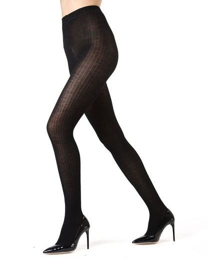 Merino Wool Tencel Blend Ribbed Sweater Tights : Color: Black