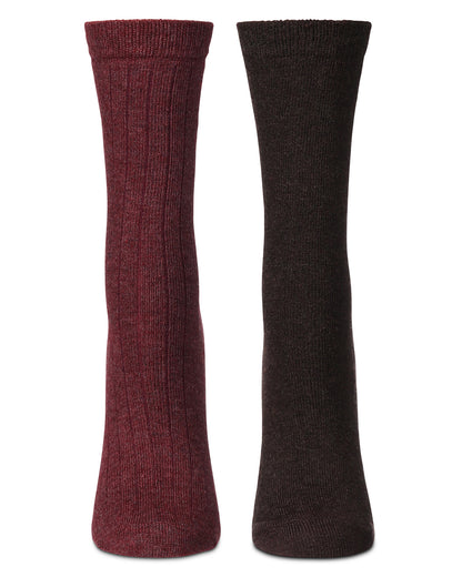 Women's 2 Pair Ribbed Flat Knit Wool Blend Crew Socks : Color: Berry