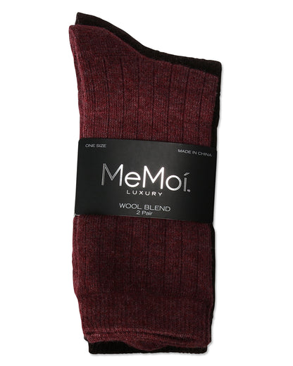 Women's 2 Pair Ribbed Flat Knit Wool Blend Crew Socks : Color: Berry