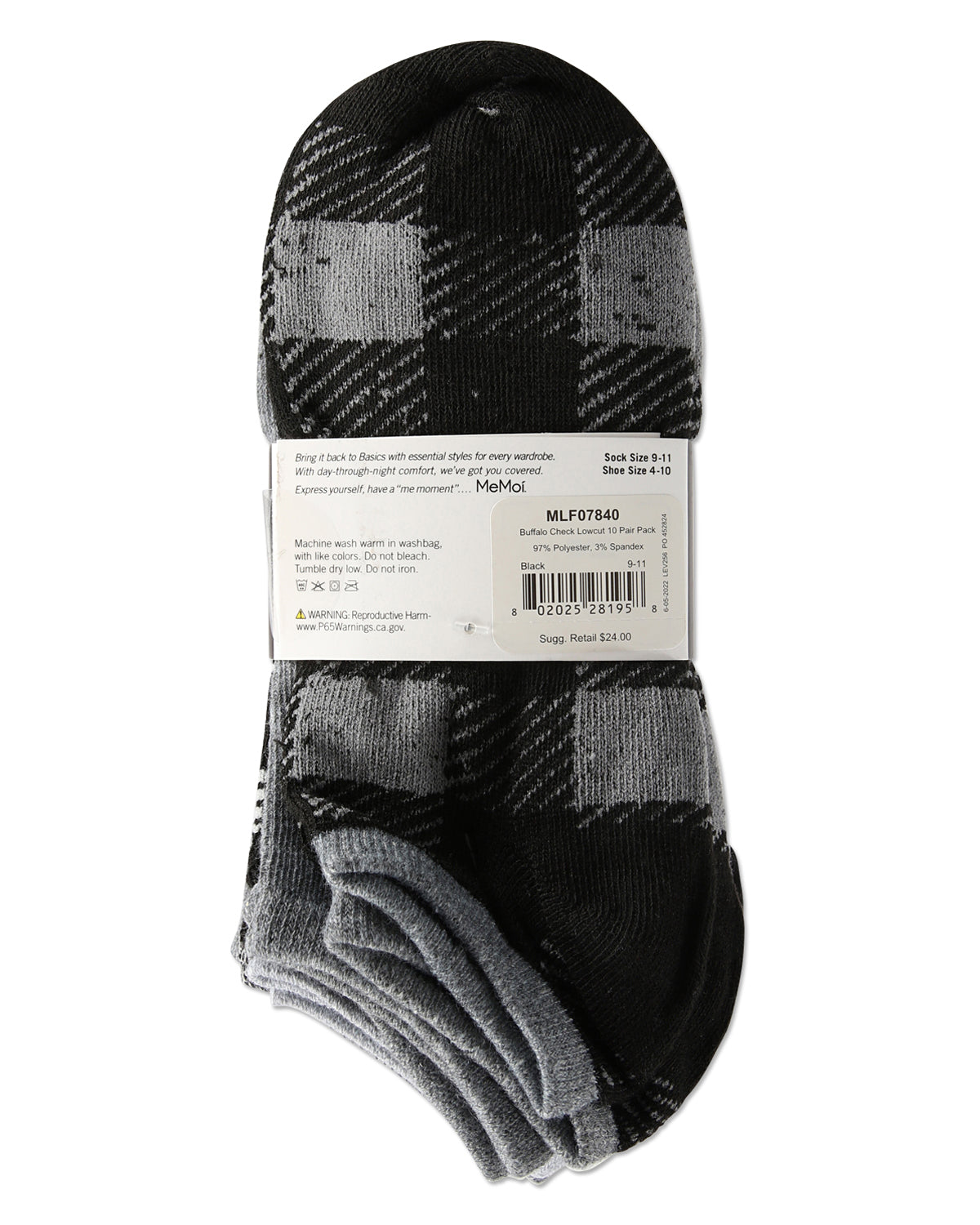 Women's 10 Pair Pack Buffalo Check Low Cut Socks : Color: Black