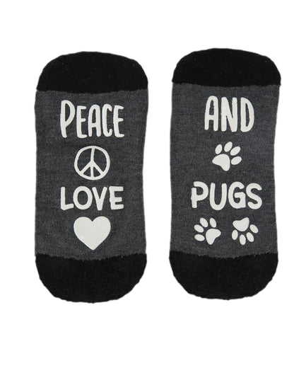 Women's Peace & Love & Pugs Low-Cut Non-Skid Socks : Color: Charcoal Heather