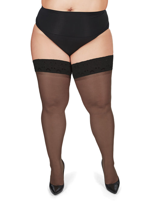 Plus Size Curvy Silky Sheer Lace Top Thigh High Stocking : Color: Black
