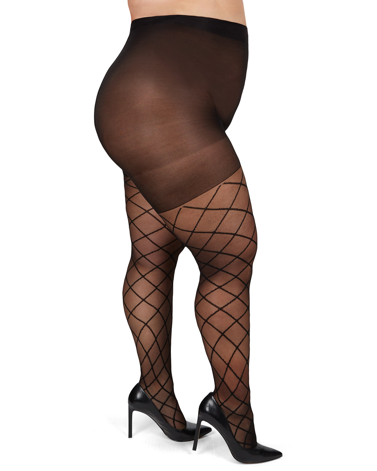 Plus Size Curvy Diamond Sheer Control Top Tights : Color: Black-Black