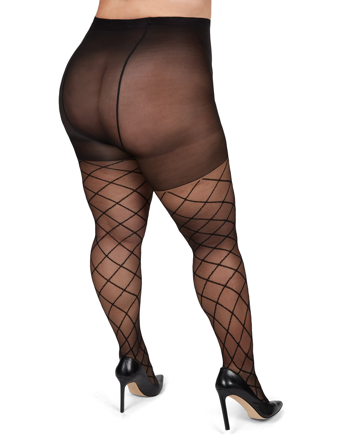 Plus Size Curvy Diamond Sheer Control Top Tights : Color: Black-Black
