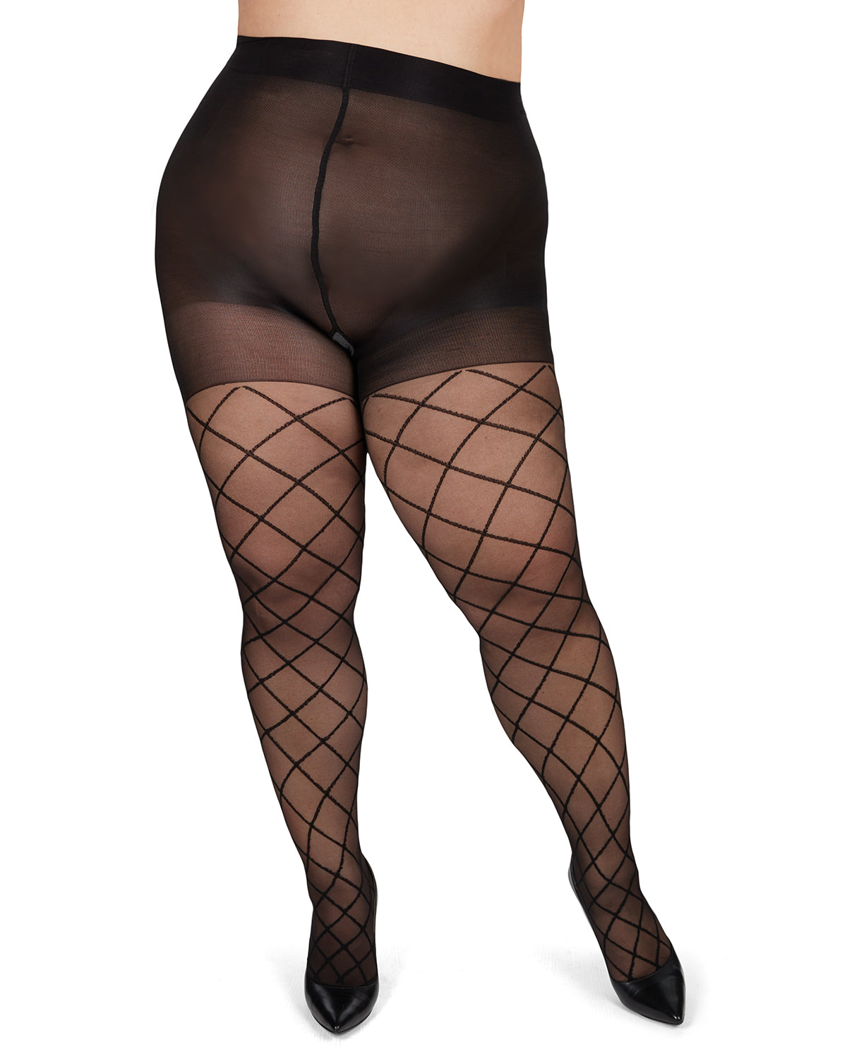 Plus Size Curvy Diamond Sheer Control Top Tights : Color: Black-Black