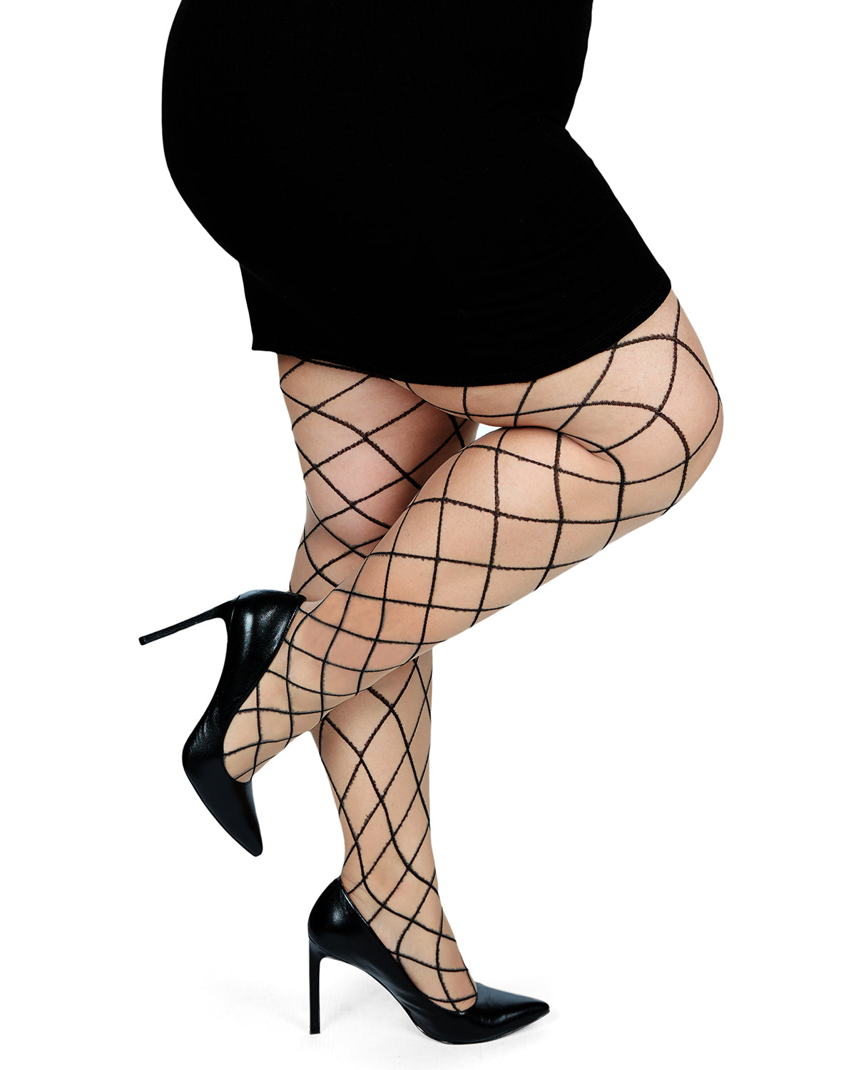 Plus Size Curvy Diamond Sheer Control Top Tights : Color: Black-Black