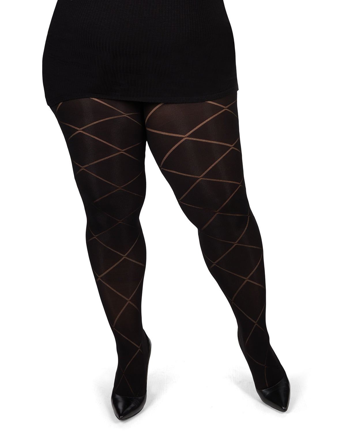 Diamond Opaque Plus Size Curvy Control Top Tights : Color: Black