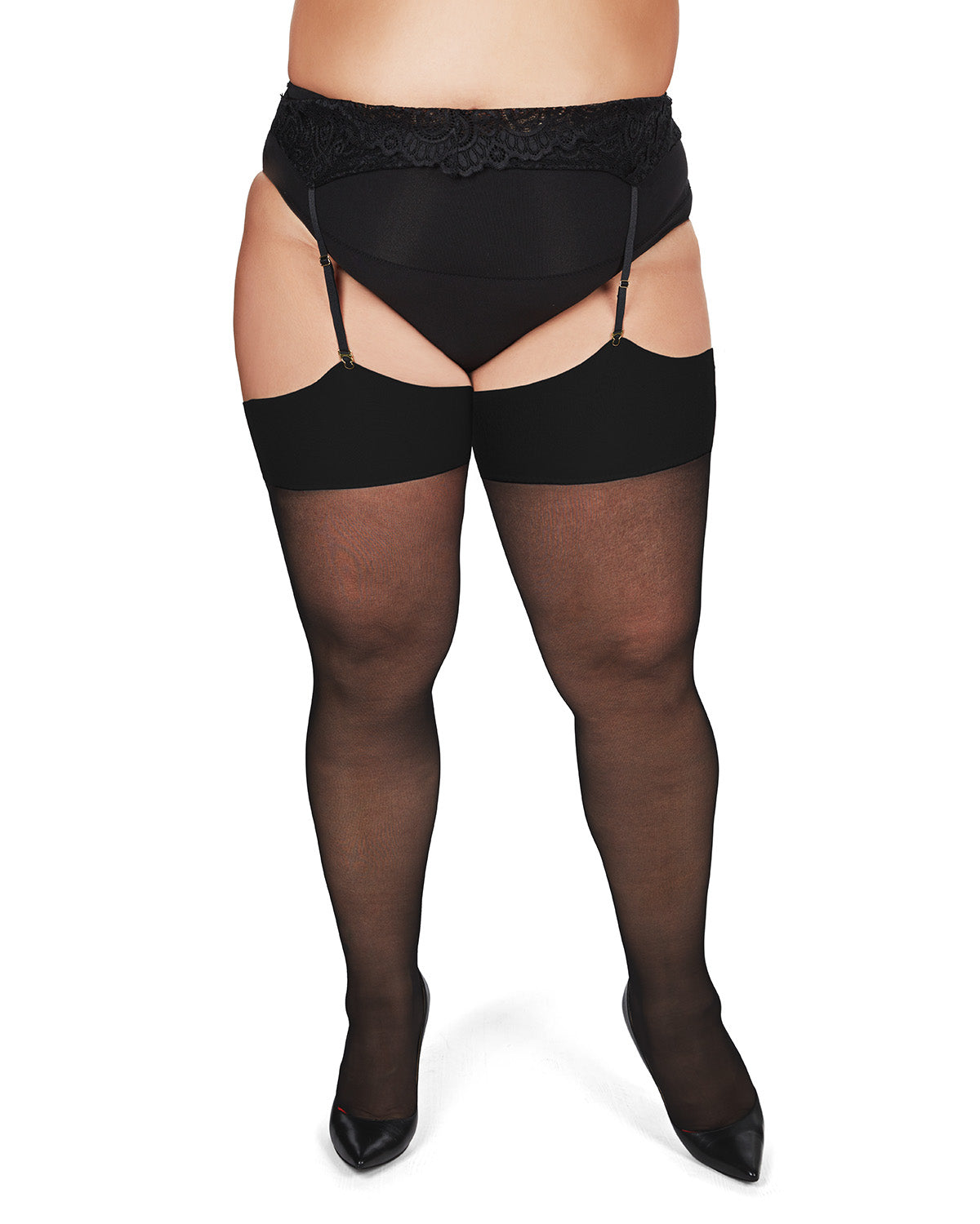 Women's Back Seam/Cuban Heel Plus Size Curvy Thigh High Stocking : Color: Black-Black