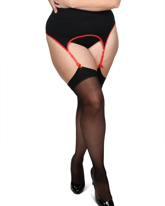 Women's Back Seam/Cuban Heel Plus Size Curvy Thigh High Stocking : Color: Black-Red