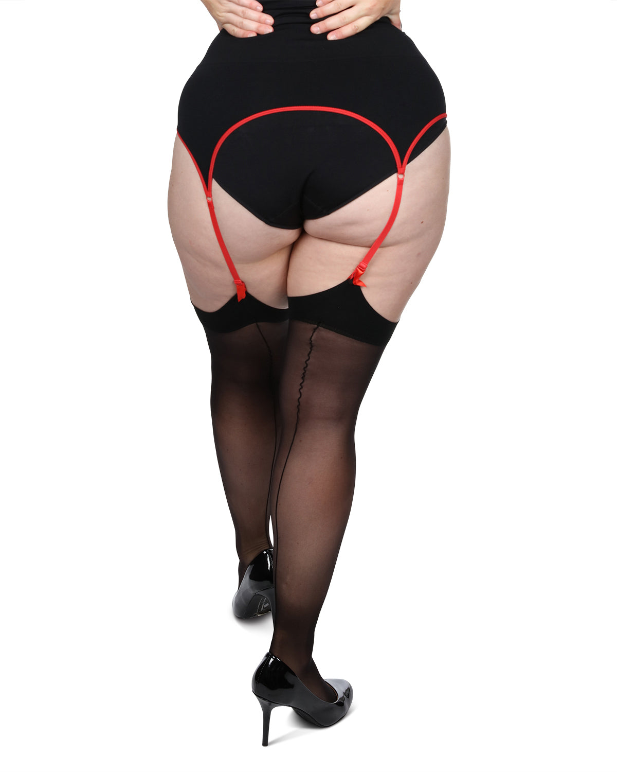 Women's Back Seam/Cuban Heel Plus Size Curvy Thigh High Stocking : Color: Black-Red
