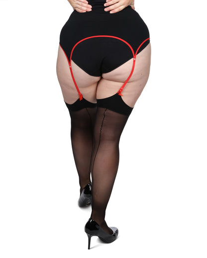 Women's Back Seam/Cuban Heel Plus Size Curvy Thigh High Stocking : Color: Black-Red
