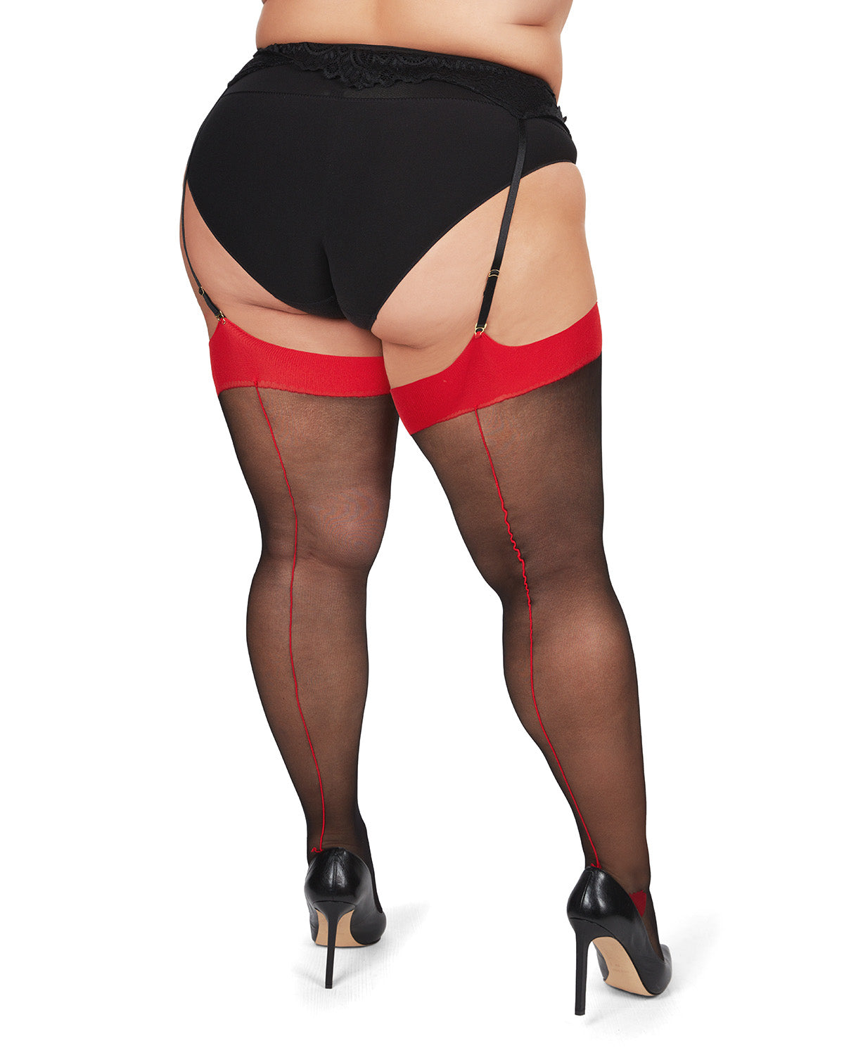 Women's Back Seam/Cuban Heel Plus Size Curvy Thigh High Stocking : Color: Black-Red