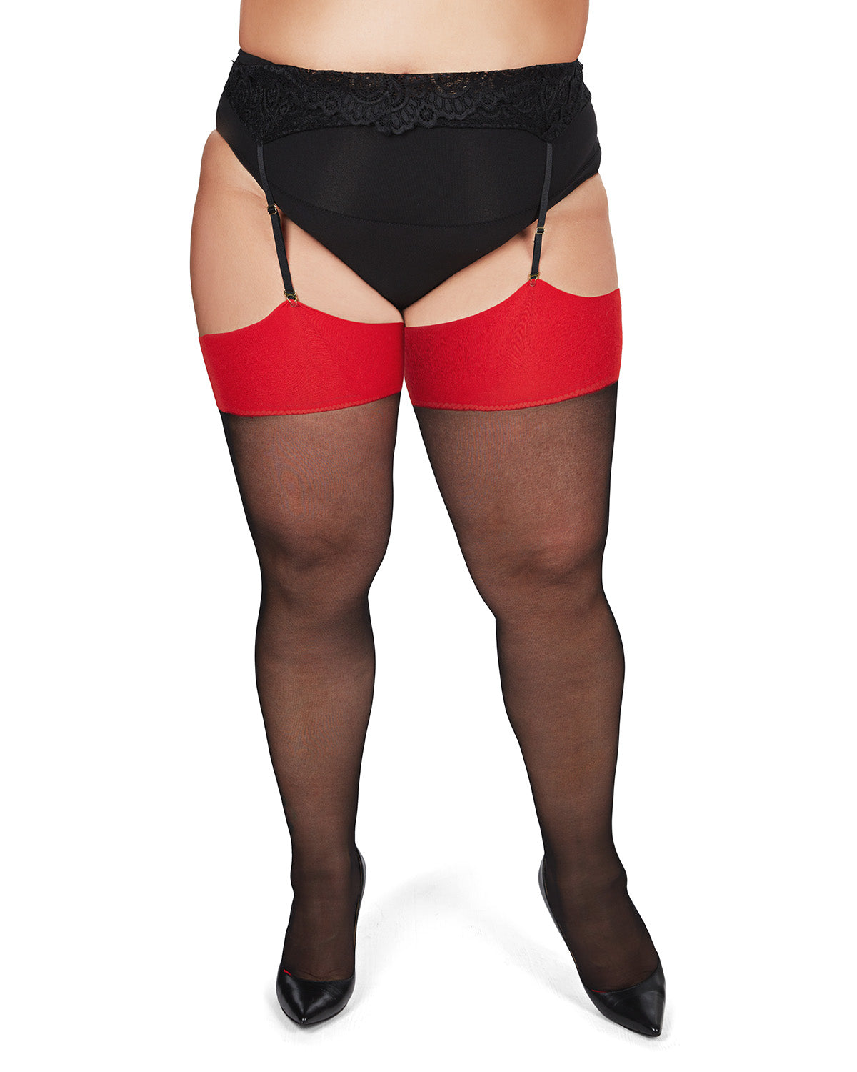 Women's Back Seam/Cuban Heel Plus Size Curvy Thigh High Stocking : Color: Black-Red