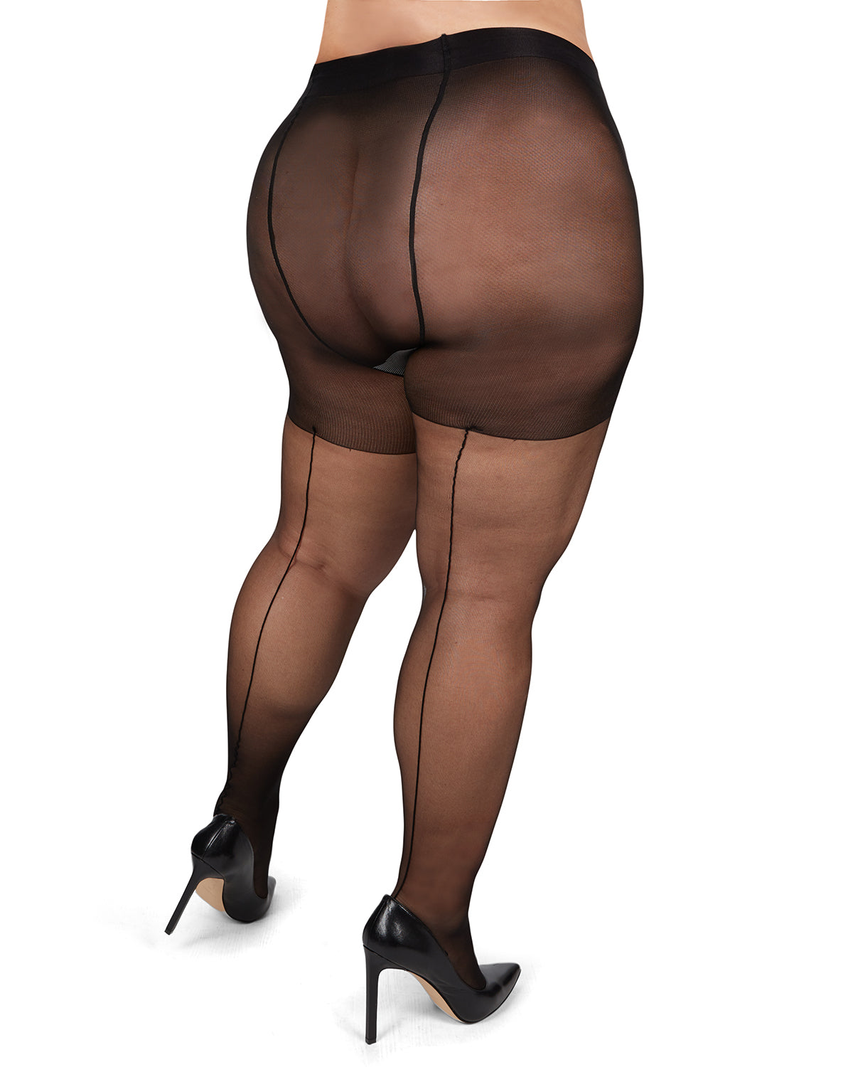 Women's Back Seam/Cuban Heel Plus Size Curvy Control Top Pantyhose : Color: Black-Black